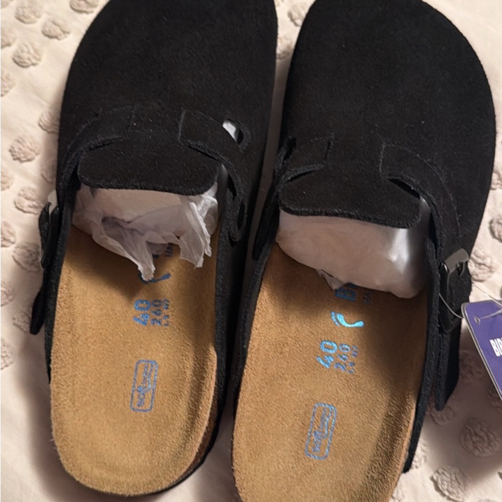 Birkenstock Black Suede Footbed Slides